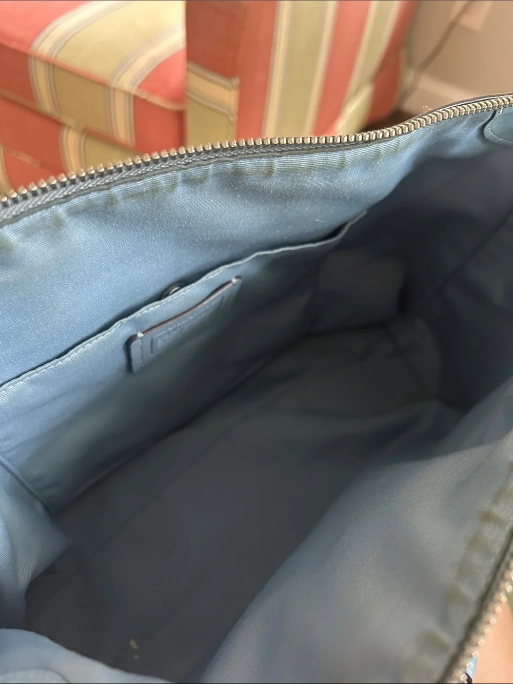 Coach Brown Signature Canvas Satchel with Light Blue Trim